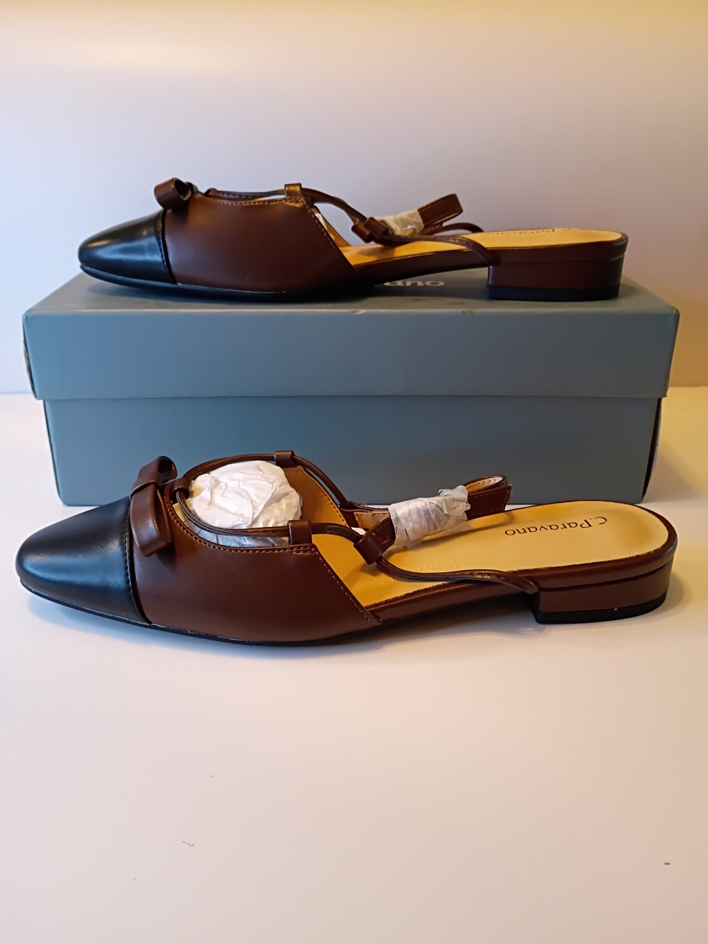 C. Paravano Brown and Black Leather Pointed-Toe Slingback Mules